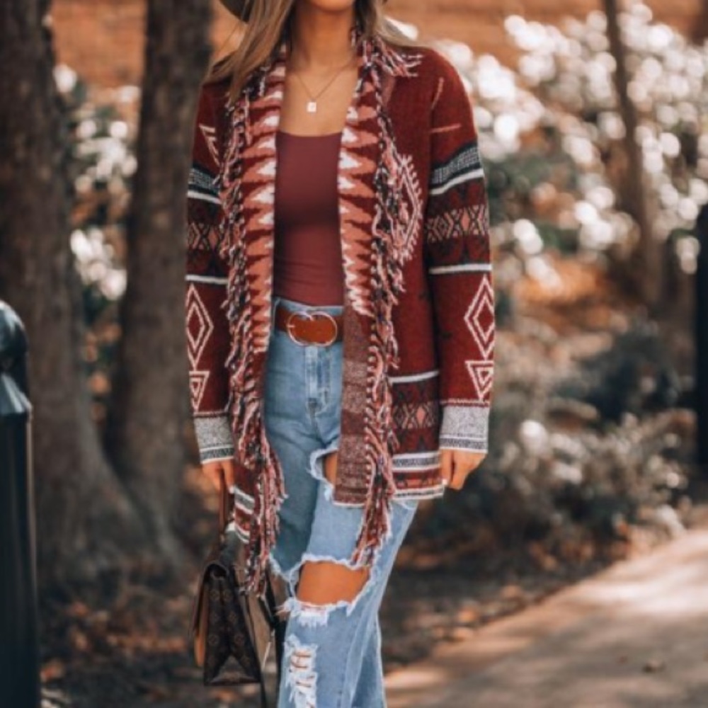 Boho Aztec Print Fringe Detail Cardigan - Picture 3 of 16